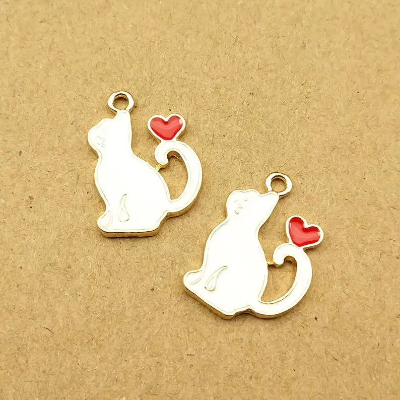 10pcs Heart Cat Charm for Jewelry Making Supplies Kawaii Enamel Animal Pendant Bracelet Earring Accessories Diy Craft Supplies