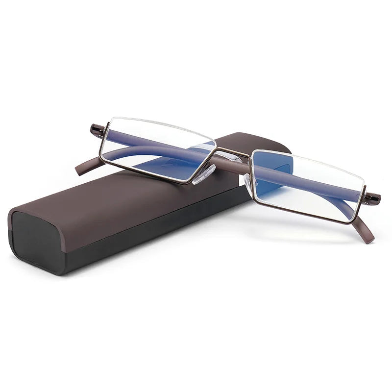 GLAUSA Reading Glasses TR90 Stainless Steel Half Frame Anti-Reflective Unisex Women Men Optical Mirror Presbyopia Eyewear Case