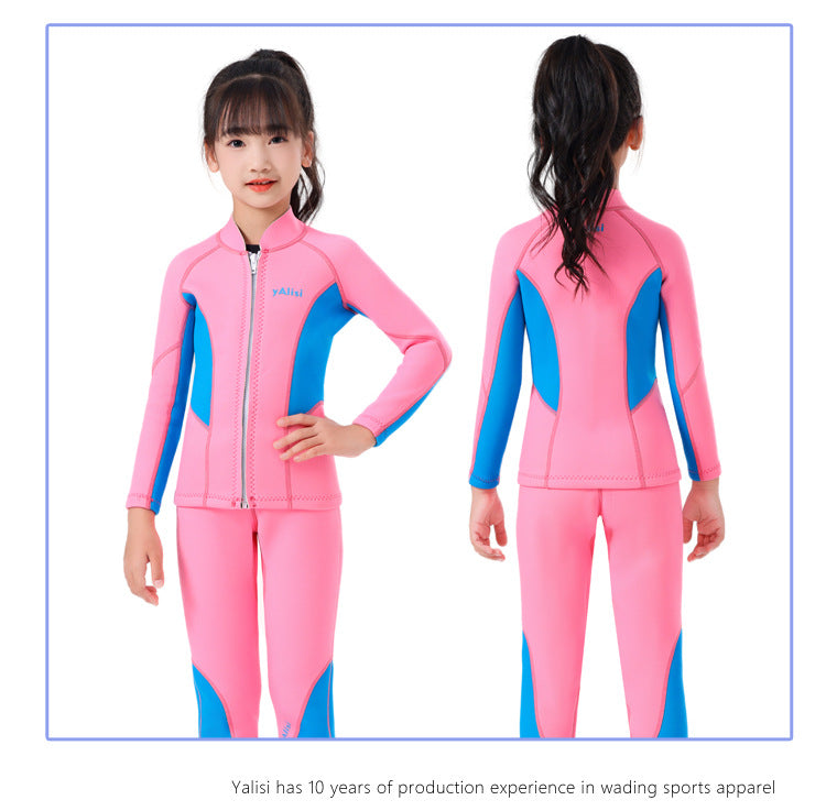 Kids Wetsuit 2pcs/set Top+Bottom 2.5mm Neoprene Jacket+Pants Long Sleeve Front Zipper Swimsuit Keep Warm Swimwear Dinving Suits