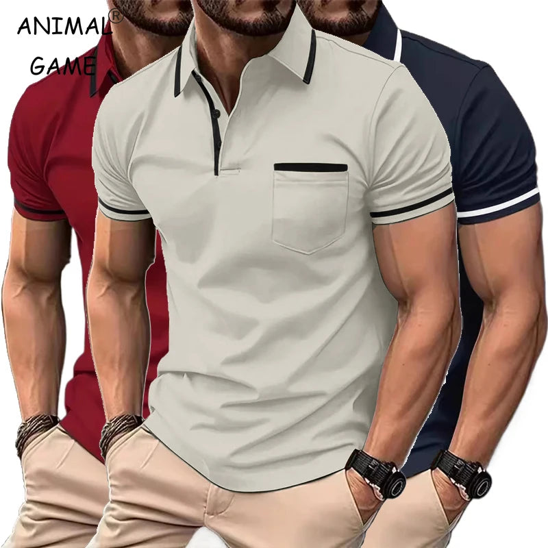 New Solid Color Polo Shirt Men's Short Sleeve Button Tshirts Lapel Lightweight Turn-down Streetwear Sport Casual Fitness Tops
