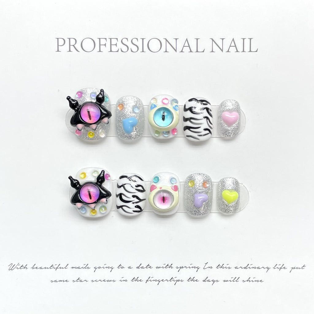 10Pcs Short Handmade Full Cover Round Head Ballerina False Nails with Design Manicure Press On Nails Artificial Wearable Nails
