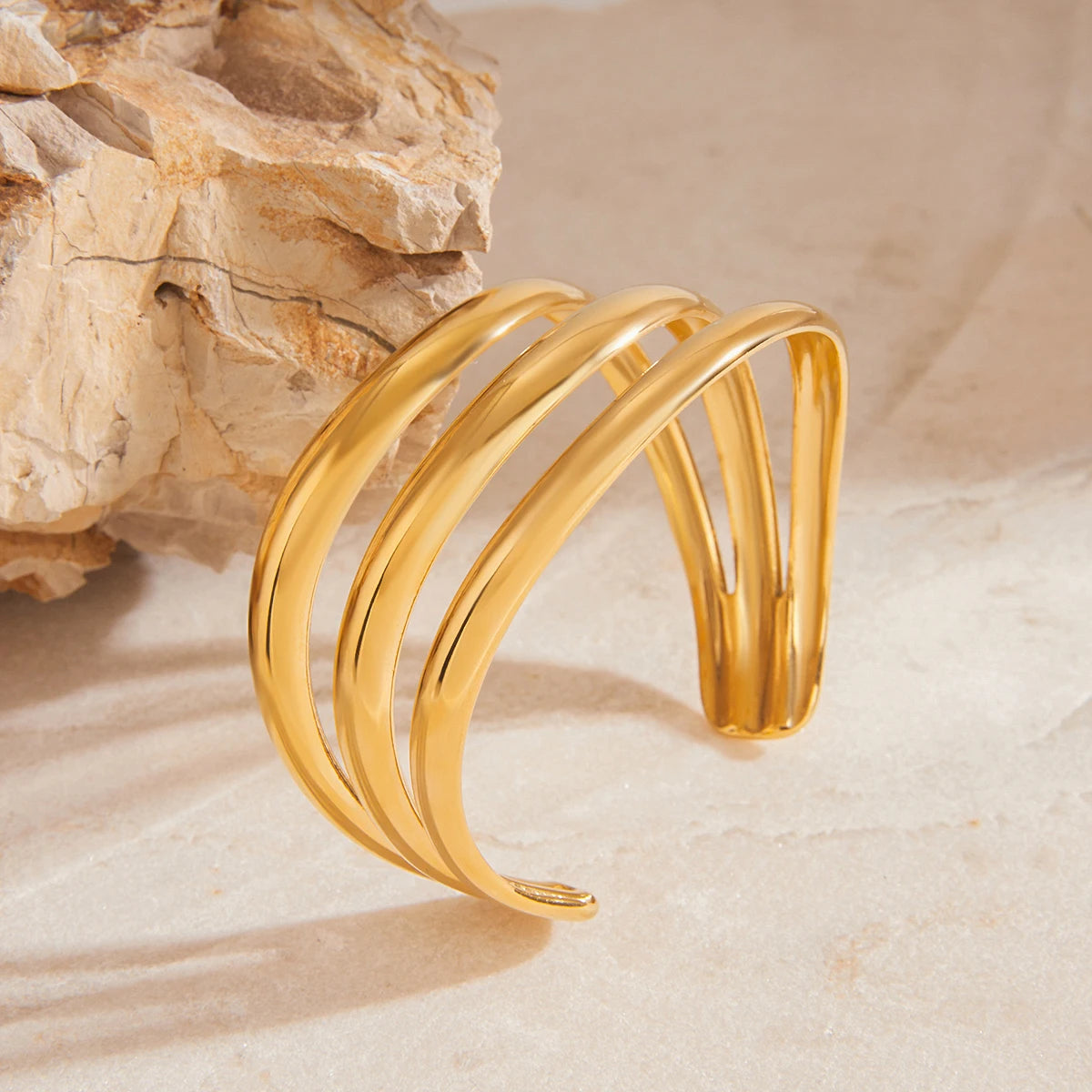 Uworld Minimalist Smooth Hollow Three layer Bracelet 18K Gold Color Plated Stainless Steel Linear Bracelet Women's Jewelry