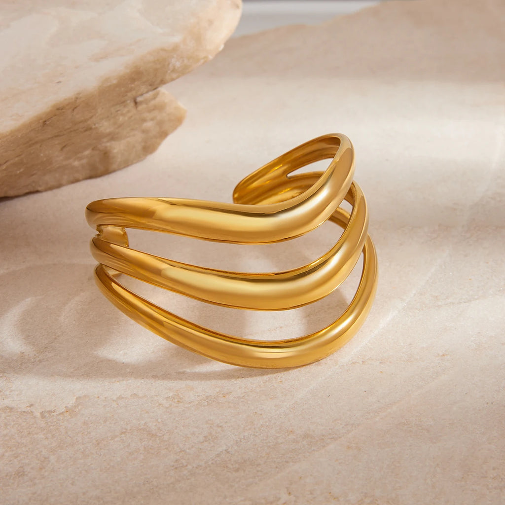 Uworld Minimalist Smooth Hollow Three layer Bracelet 18K Gold Color Plated Stainless Steel Linear Bracelet Women's Jewelry