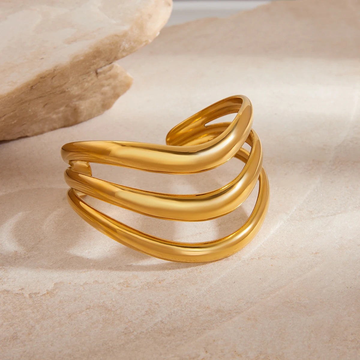 Uworld Minimalist Smooth Hollow Three layer Bracelet 18K Gold Color Plated Stainless Steel Linear Bracelet Women's Jewelry