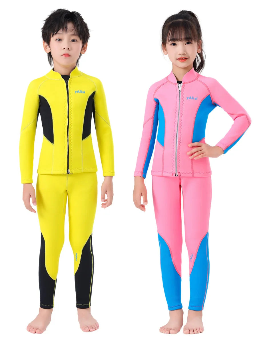 Kids Wetsuit 2pcs/set Top+Bottom 2.5mm Neoprene Jacket+Pants Long Sleeve Front Zipper Swimsuit Keep Warm Swimwear Dinving Suits