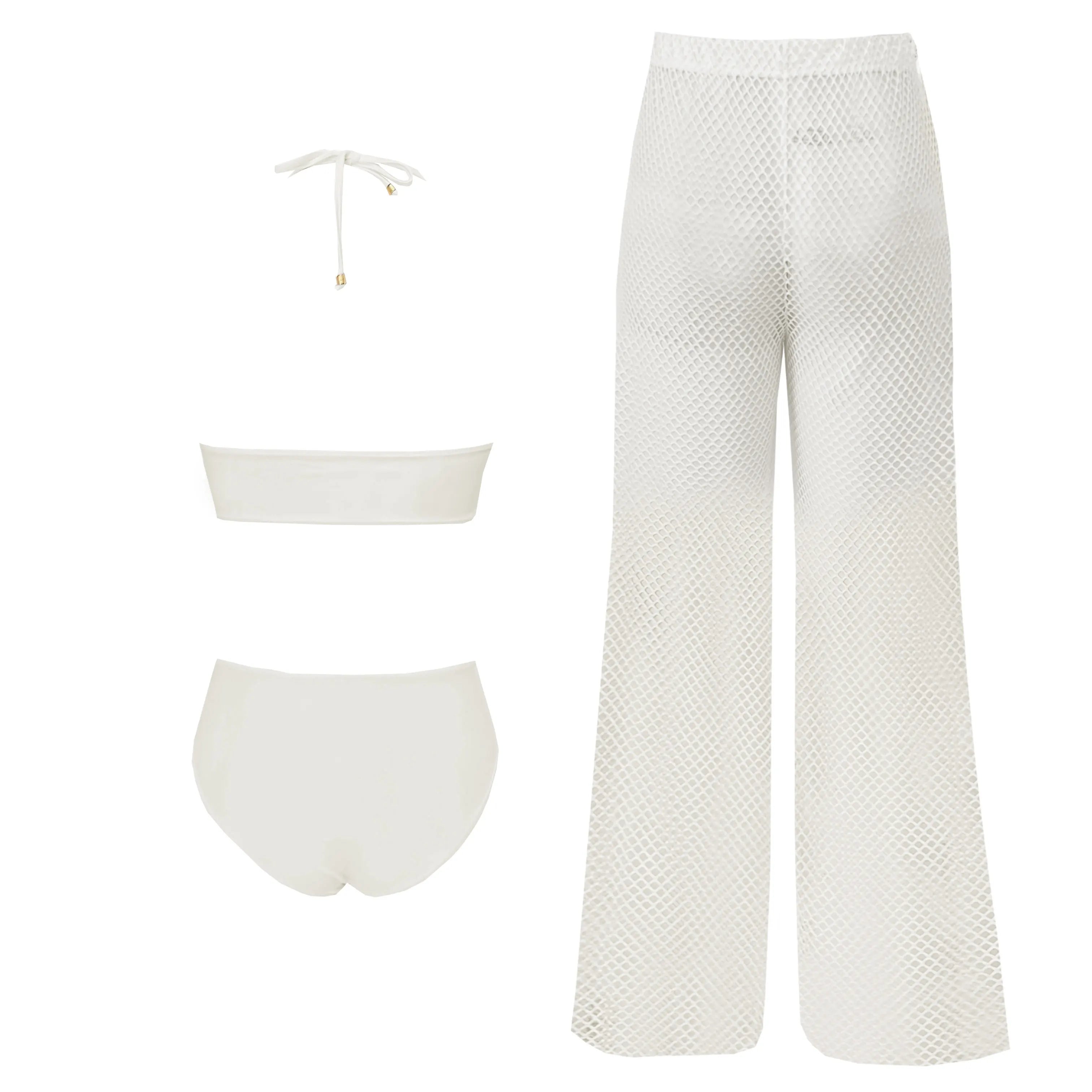 Sexy White Lace Three Piece Women Bikini Set With Pants Lace Bra High Waist Hollow Out Wide Leg Pants Suit Summer Beach Swimsuit