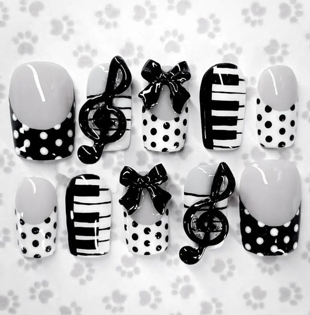 Y2K Spice Girls Handmade Note Polka Press On Nails Almonds Customized French Bow All Saints' Day False Nails Gift