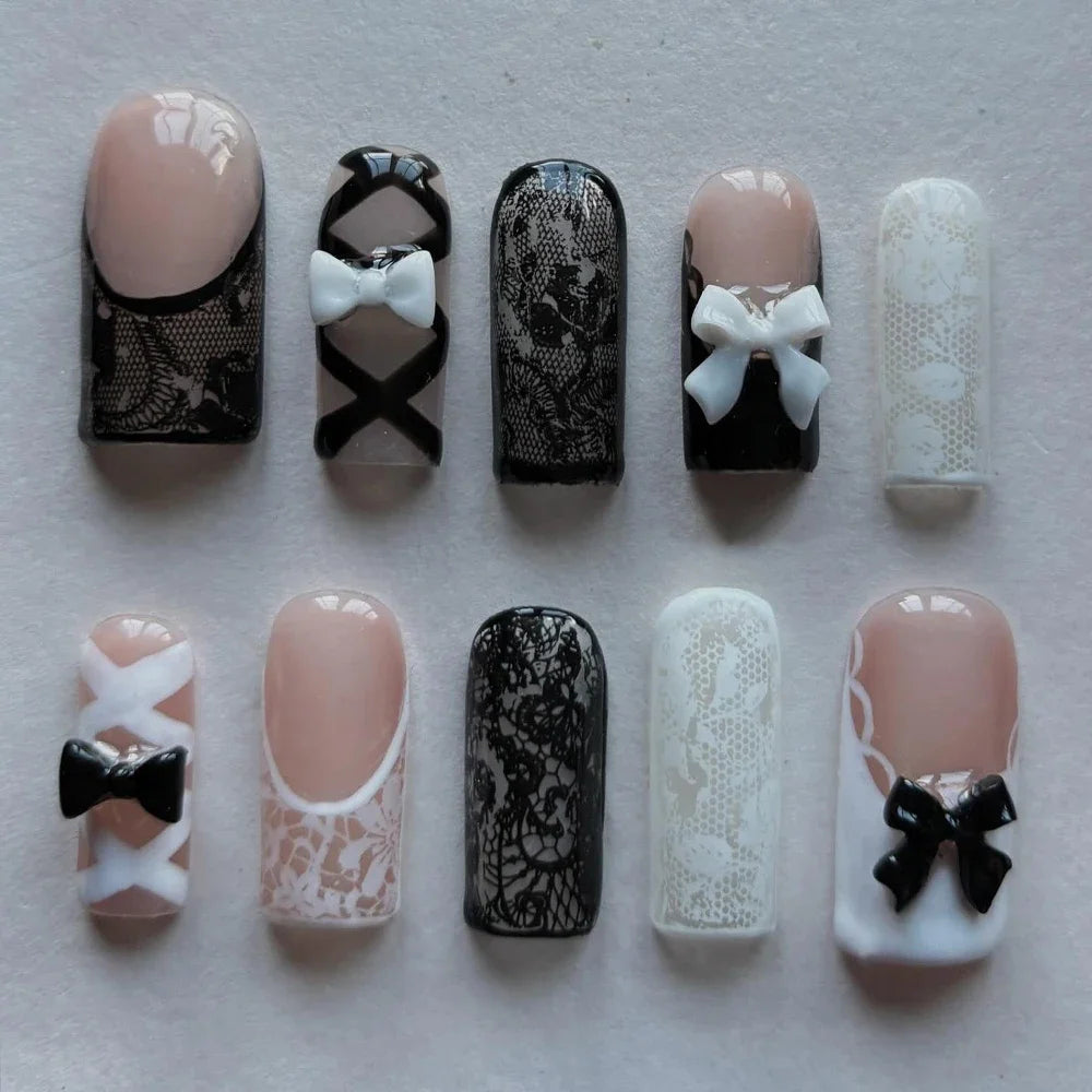 Y2K Spice Girls Handmade Note Polka Press On Nails Almonds Customized French Bow All Saints' Day False Nails Gift