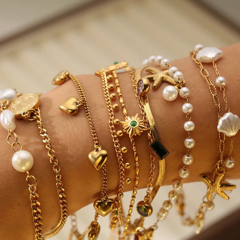 GANPUP 316L Stainless Steel Delicate Pearl Starfish Charms Bracelet For Women 2025 Texture Waterproof Wrist Chain Jewelry Gift