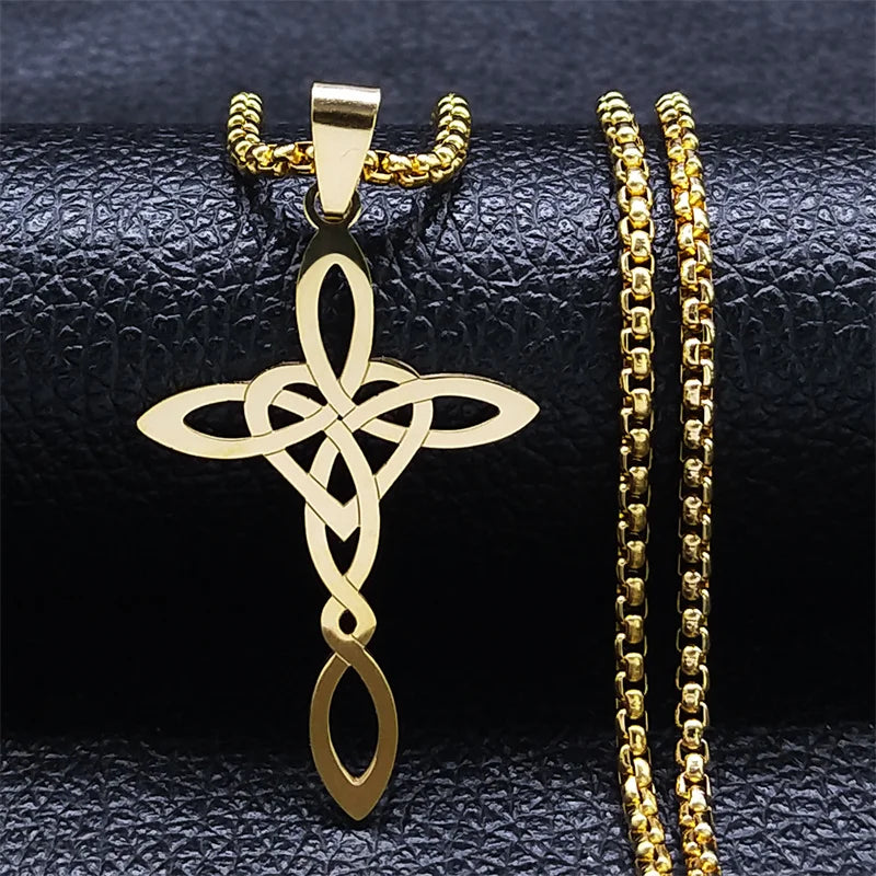 Witch Celtic Knot Cross Heart Pendant Necklace Stainless Steel Wicca Pagan Amulet Necklaces Witch Jewelry collares para mujer