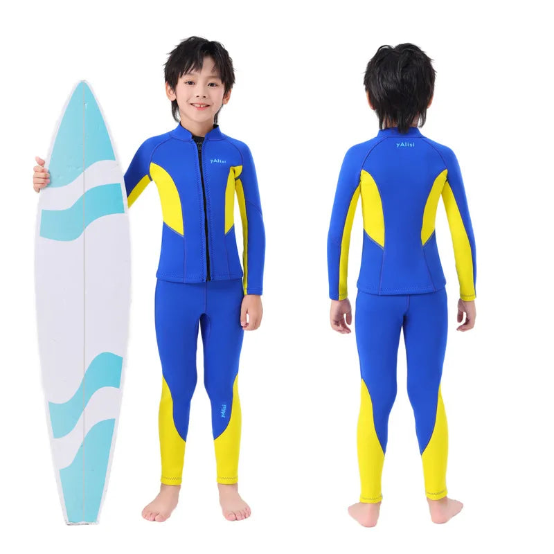 Kids Wetsuit 2pcs/set Top+Bottom 2.5mm Neoprene Jacket+Pants Long Sleeve Front Zipper Swimsuit Keep Warm Swimwear Dinving Suits