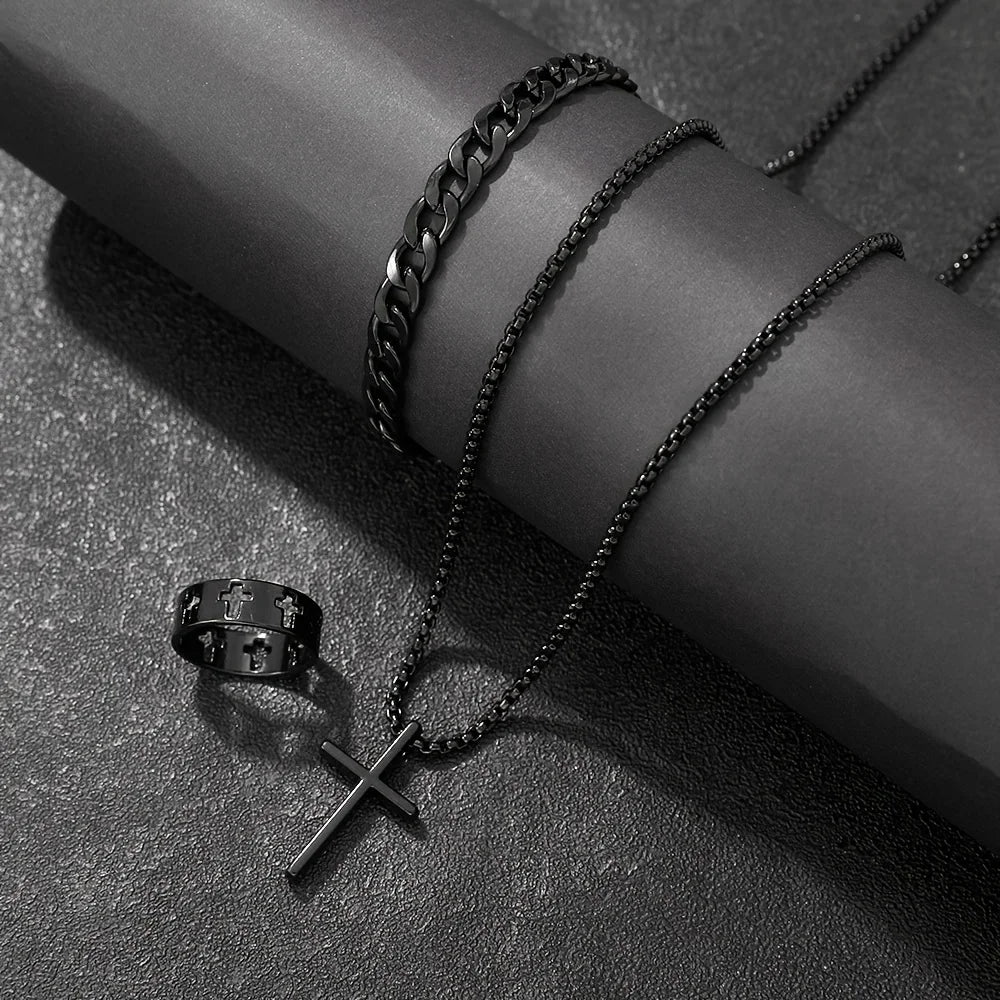 3pcs Fashion Alloy Men's Cross Pendant Necklace, Bracelet & Ring Combo Jewelry Set
