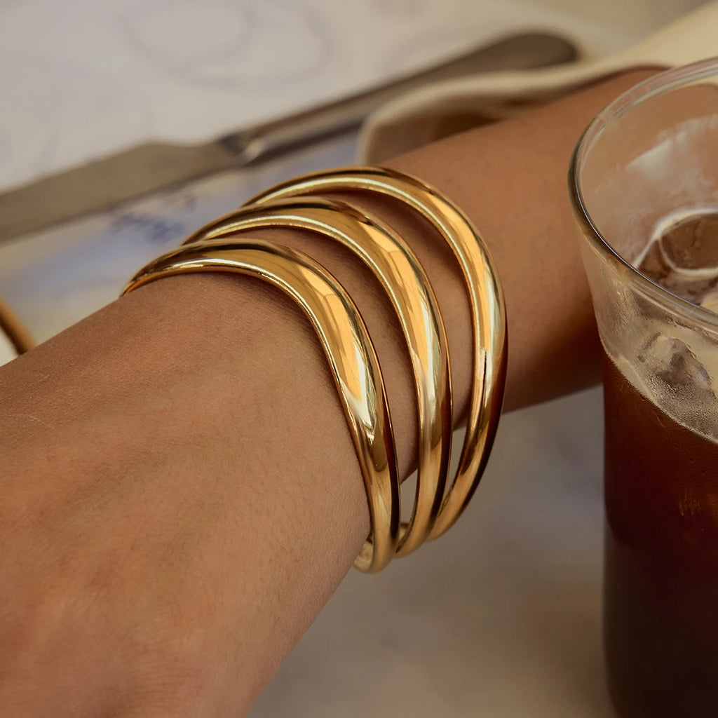 Uworld Minimalist Smooth Hollow Three layer Bracelet 18K Gold Color Plated Stainless Steel Linear Bracelet Women's Jewelry