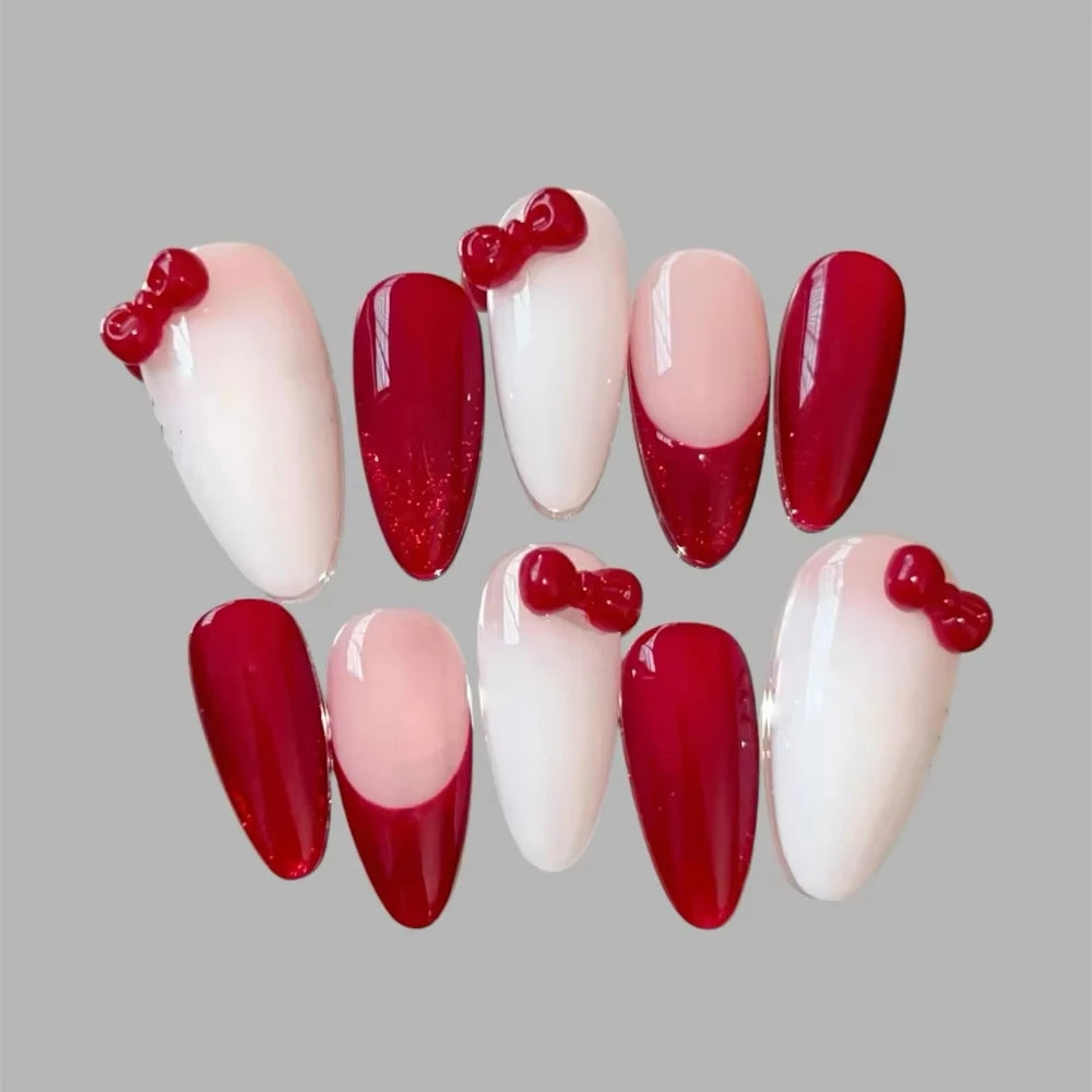 Y2K Spice Girls Handmade Note Polka Press On Nails Almonds Customized French Bow All Saints' Day False Nails Gift