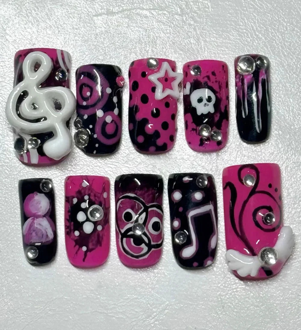 Y2K Spice Girls Handmade Note Polka Press On Nails Almonds Customized French Bow All Saints' Day False Nails Gift
