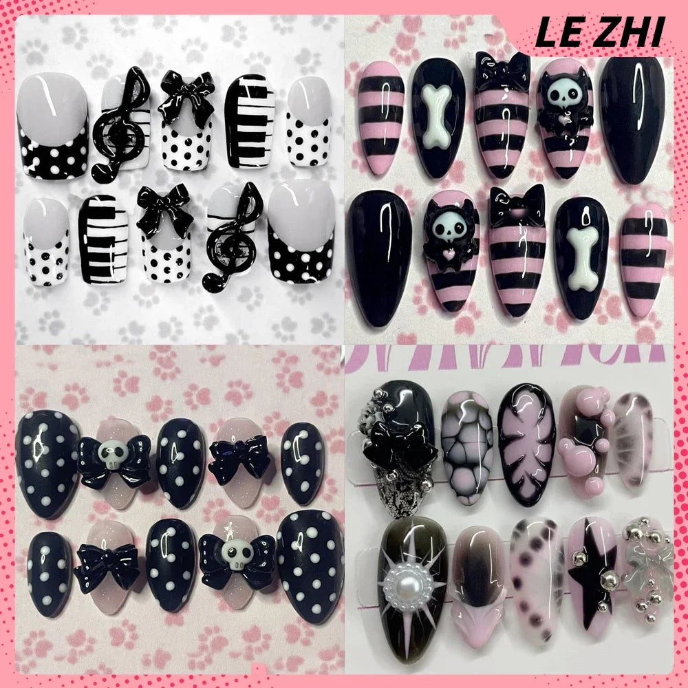 Y2K Spice Girls Handmade Note Polka Press On Nails Almonds Customized French Bow All Saints' Day False Nails Gift