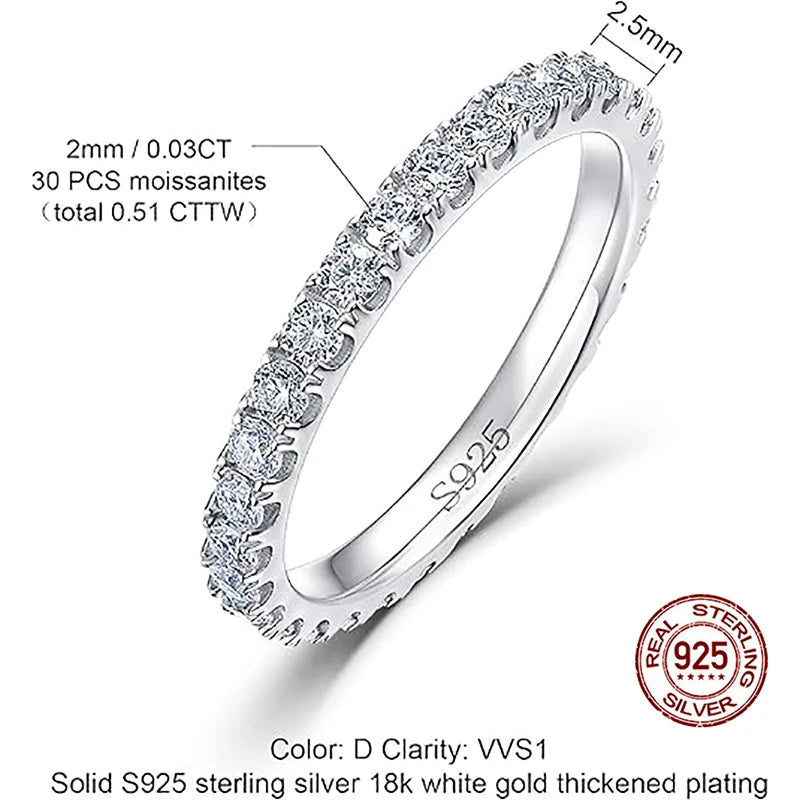ALLNOEL 2mm Full Eternity Moissanite Wedding Band 925 Sterling Silver D Color VVS1 Stackable Ring For Women Fine Jewelry