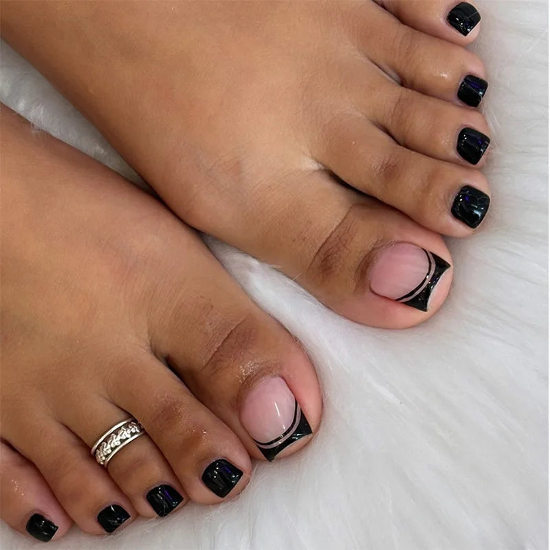 24pcs Simple Datachable Fake Toenails Art Gradient Colorful French Stick on ToeNail Tips Line Design Press on False Nails Sets