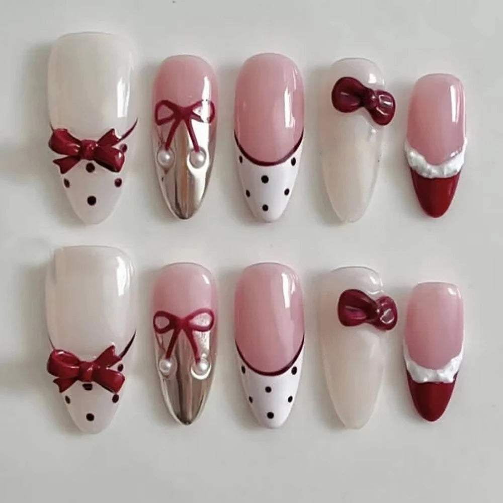 Y2K Spice Girls Handmade Note Polka Press On Nails Almonds Customized French Bow All Saints' Day False Nails Gift