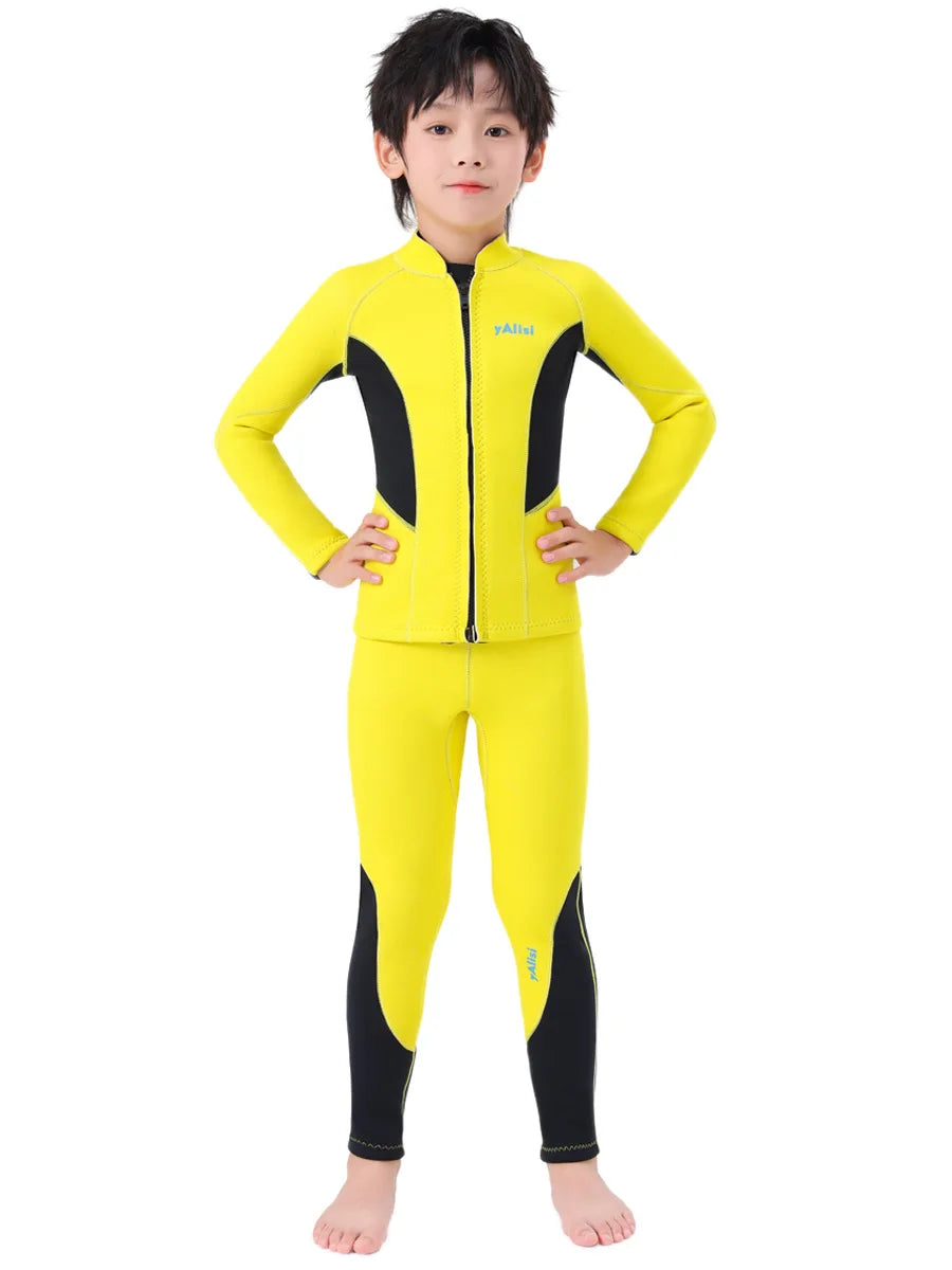 Kids Wetsuit 2pcs/set Top+Bottom 2.5mm Neoprene Jacket+Pants Long Sleeve Front Zipper Swimsuit Keep Warm Swimwear Dinving Suits
