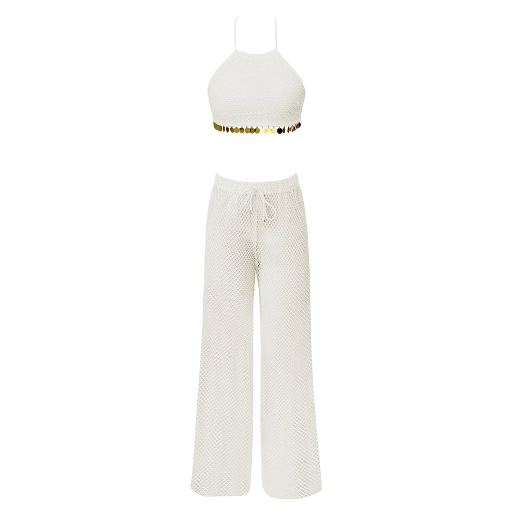 Sexy White Lace Three Piece Women Bikini Set With Pants Lace Bra High Waist Hollow Out Wide Leg Pants Suit Summer Beach Swimsuit