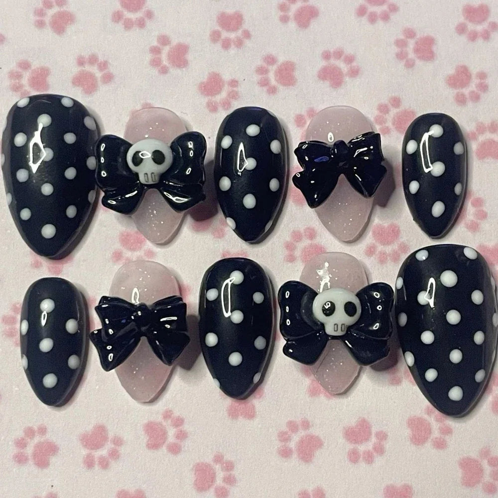 Y2K Spice Girls Handmade Note Polka Press On Nails Almonds Customized French Bow All Saints' Day False Nails Gift