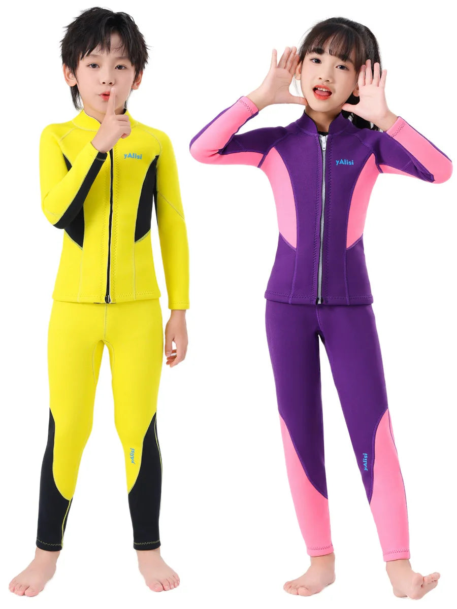 Kids Wetsuit 2pcs/set Top+Bottom 2.5mm Neoprene Jacket+Pants Long Sleeve Front Zipper Swimsuit Keep Warm Swimwear Dinving Suits