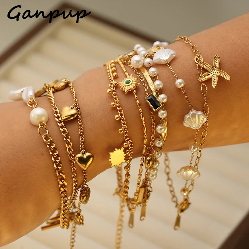 GANPUP 316L Stainless Steel Delicate Pearl Starfish Charms Bracelet For Women 2025 Texture Waterproof Wrist Chain Jewelry Gift