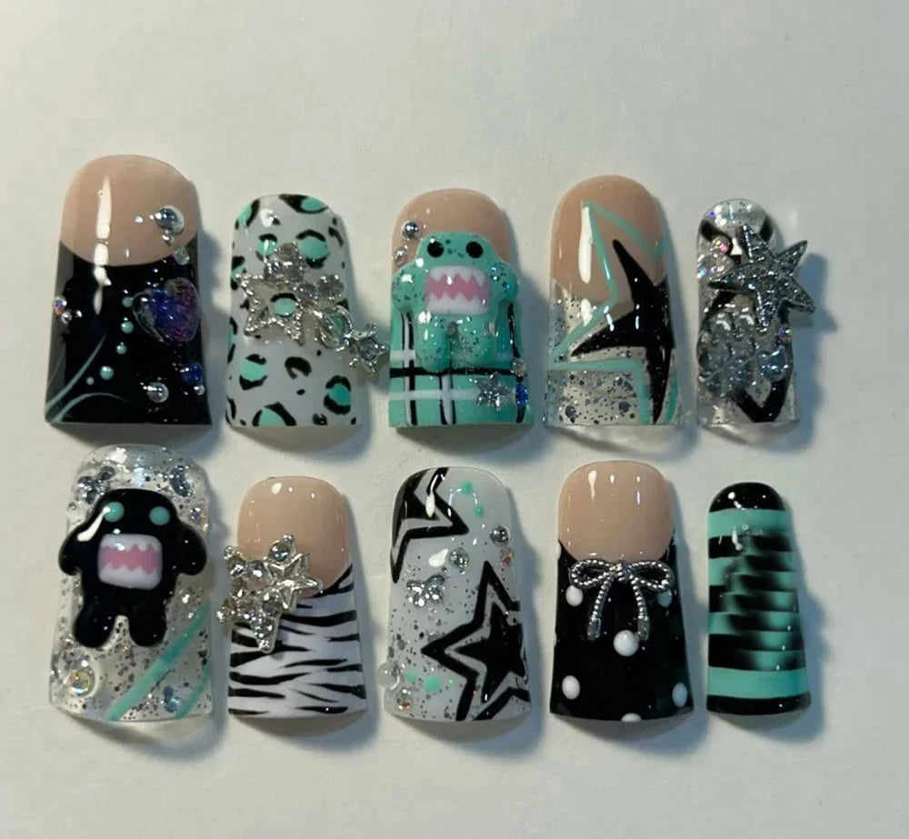 Y2K Spice Girls Handmade Note Polka Press On Nails Almonds Customized French Bow All Saints' Day False Nails Gift