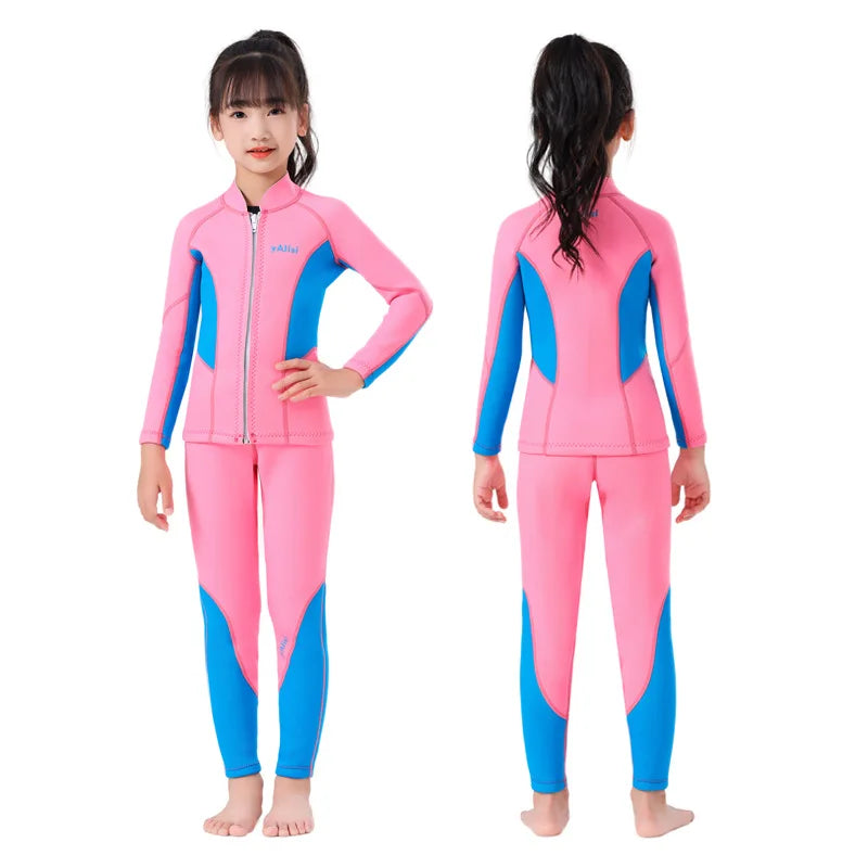 Kids Wetsuit 2pcs/set Top+Bottom 2.5mm Neoprene Jacket+Pants Long Sleeve Front Zipper Swimsuit Keep Warm Swimwear Dinving Suits