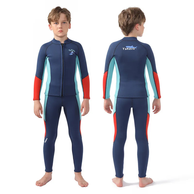 Kids Wetsuit 2pcs/set Top+Bottom 2.5mm Neoprene Jacket+Pants Long Sleeve Front Zipper Swimsuit Keep Warm Swimwear Dinving Suits