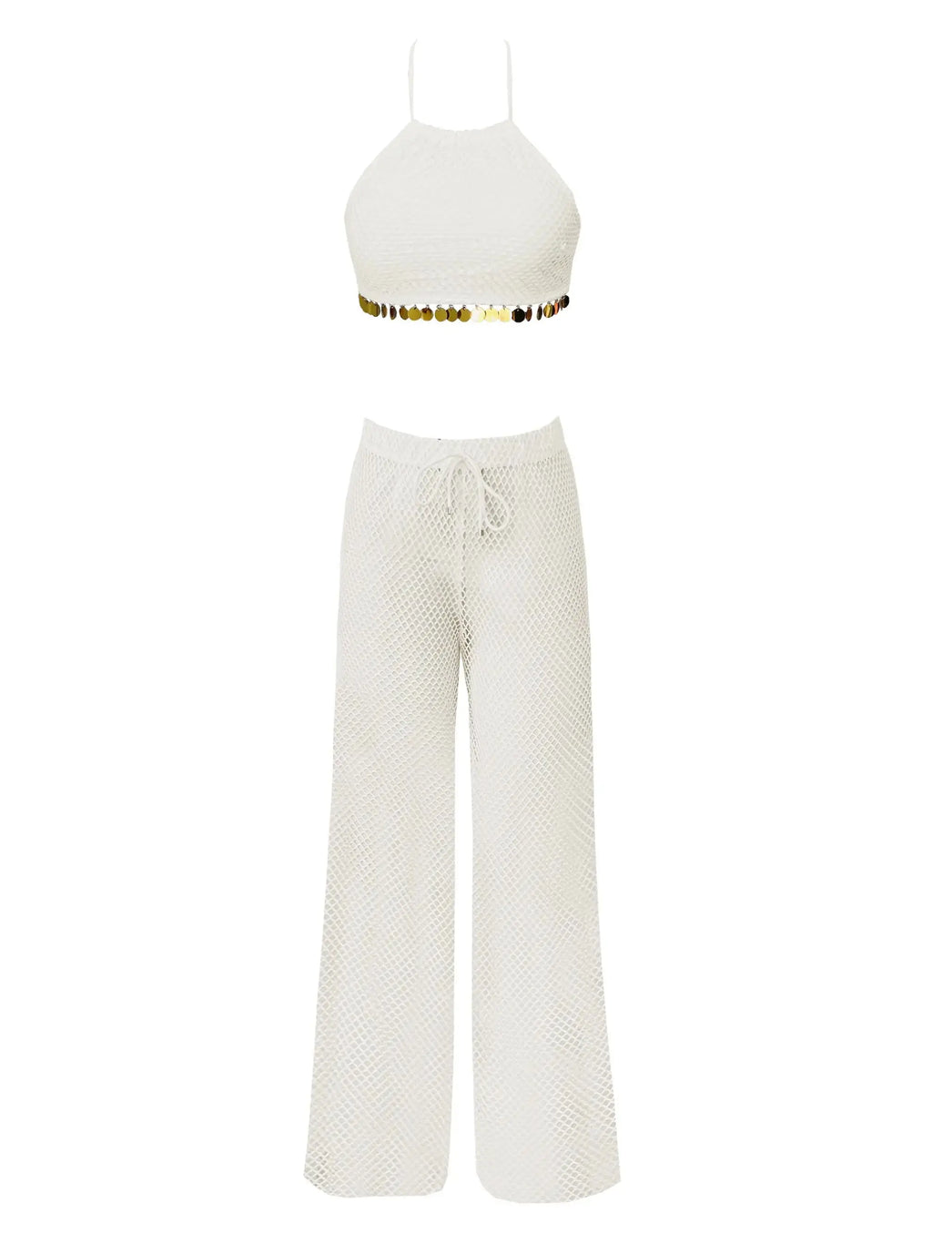 Sexy White Lace Three Piece Women Bikini Set With Pants Lace Bra High Waist Hollow Out Wide Leg Pants Suit Summer Beach Swimsuit