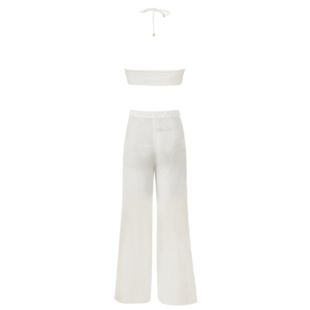Sexy White Lace Three Piece Women Bikini Set With Pants Lace Bra High Waist Hollow Out Wide Leg Pants Suit Summer Beach Swimsuit