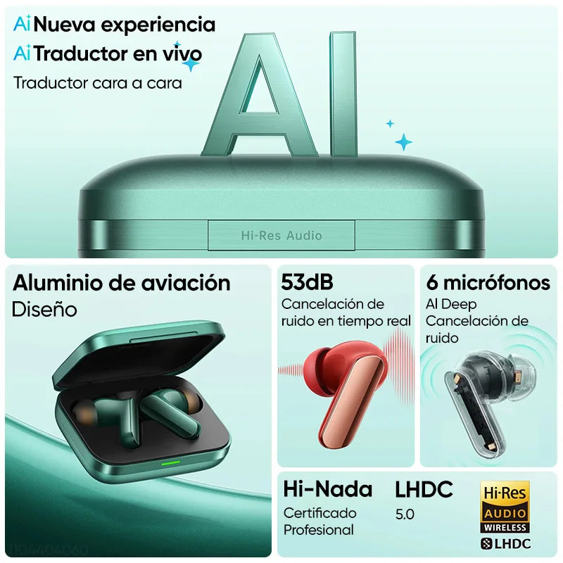 Realme Buds Air 7 Pro with Ai, Bluetooth Headphones 53 Db, 48 Hours of Autonomy, Hi-Res and Lhdc 5.0, Compatible with Realme 16 Pro and Realme Gt 8 Pro