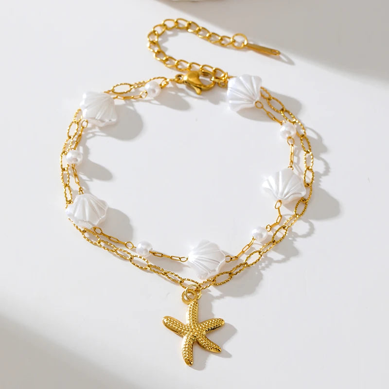 GANPUP 316L Stainless Steel Delicate Pearl Starfish Charms Bracelet For Women 2025 Texture Waterproof Wrist Chain Jewelry Gift