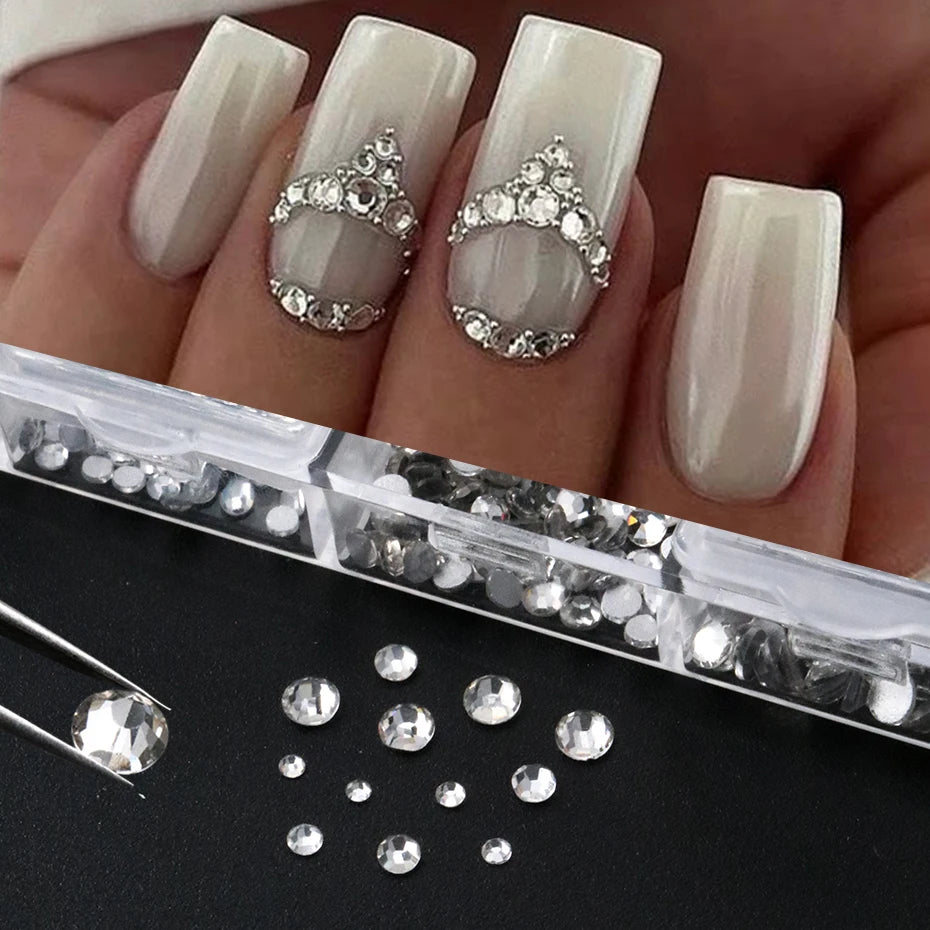 12 Grids Silvery Flat Bottom Rhinestone Nail Charms Shiny Crystal Diamond Sequins for Nails Suitable for Wedding Party Decor
