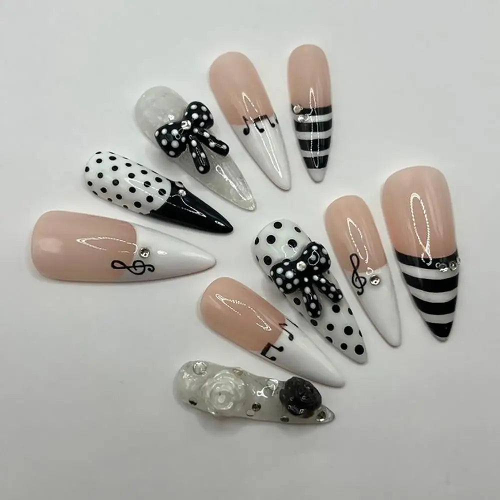 Y2K Spice Girls Handmade Note Polka Press On Nails Almonds Customized French Bow All Saints' Day False Nails Gift