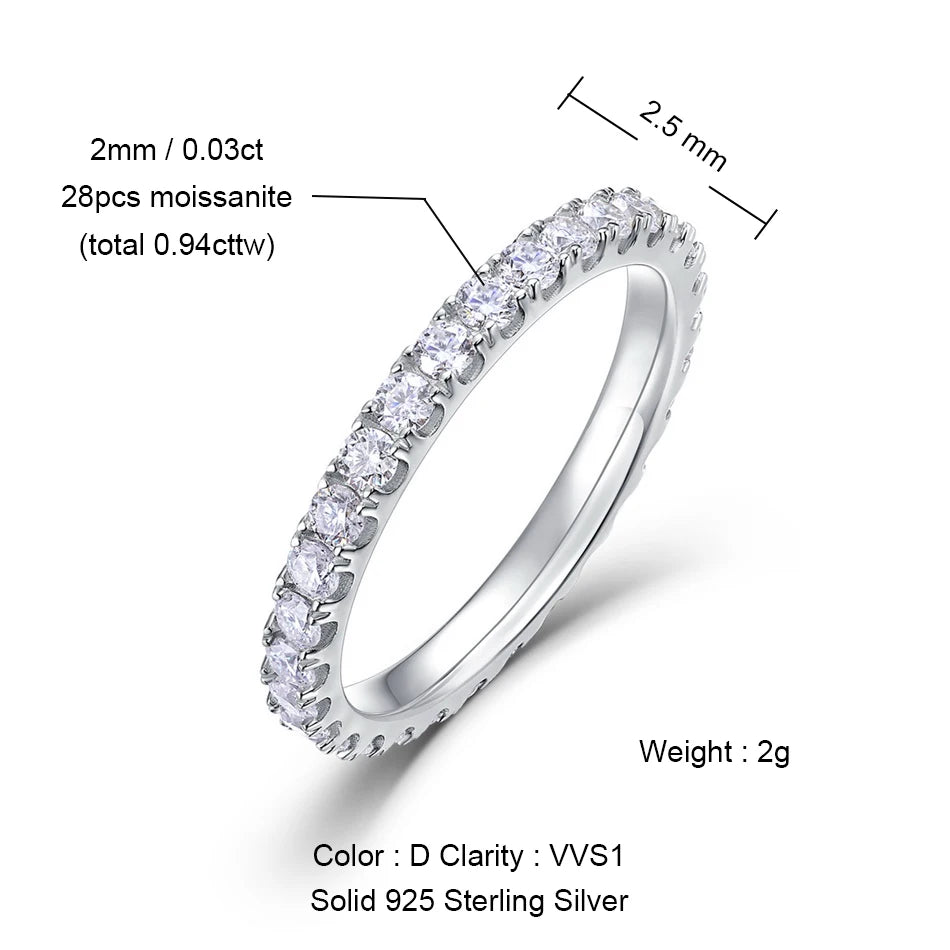 ALLNOEL 2mm Full Eternity Moissanite Wedding Band 925 Sterling Silver D Color VVS1 Stackable Ring For Women Fine Jewelry